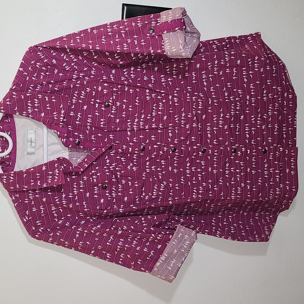 Purple "birds on livewire" button up
